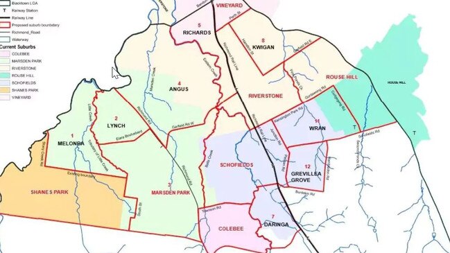 Map showing the original suburb names proposed by Blacktown Council.