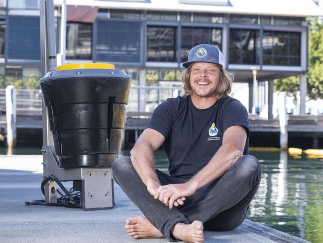 Seabin chief executive and co-founder Pete Ceglinski with the new Seabin. Picture: Matthew Vasilescu