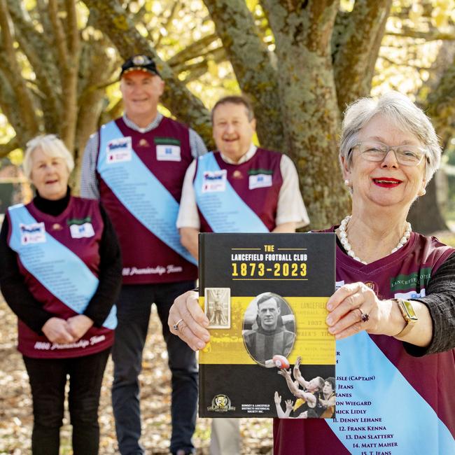 Lancefield Football-Netball Club history book editor Dr Fay Woodhouse, right, with co-authors Shirley Kishere, Denis Graham and John Chisholm. Picture: Zoe Phillips