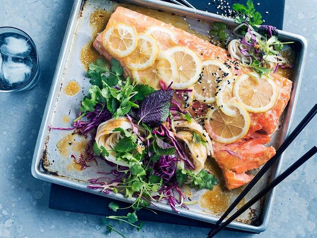 Miso ocean trout, noodles and Asian leaves.