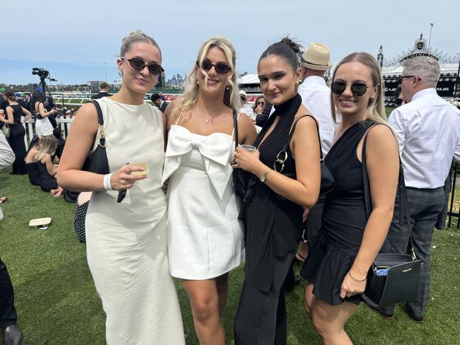 Jess Thomson, Kate Brien, Courtney Henderson and Alysha Kobacs at Flemington for Derby Day on November 2, 2024. Picture: Phillippa Butt