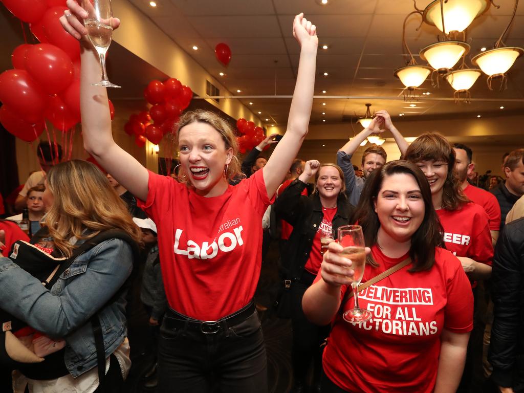 Premier Daniel Andrews wins the 2018 election as his supporters celebrate at The Village Green in Mulgrave, Victoria. Picture: Alex Coppel.