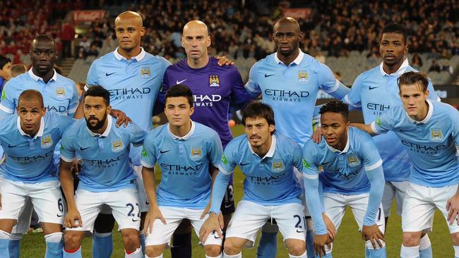 Manchester City players ahead of their match against Roma at the MCG.