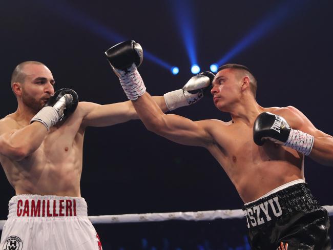 Tim Tszyu goes toe to toe with Joel Camilleri. Picture: Brett Costello