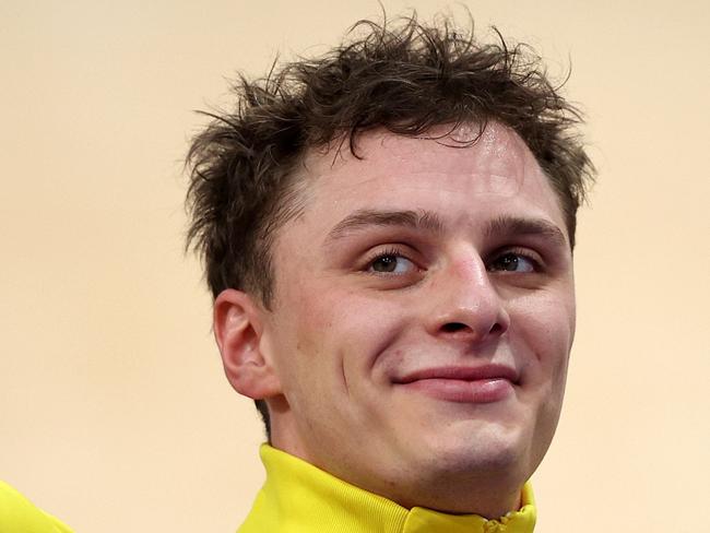 PARIS, FRANCE - AUGUST 11: Silver medalist Matthew Richardson poses on the podium after the Men's Keirin, Final on day sixteen of the Olympic Games Paris 2024 at Saint-Quentin-en-Yvelines Velodrome on August 11, 2024 in Paris, France. (Photo by Jared C. Tilton/Getty Images)