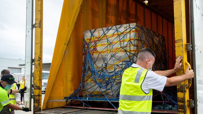 The first Australian shipment of Pfizer COVID-19 vaccines arrived in Australia one week ago. Picture: AAP Image/Pool/Bianca De Marchi