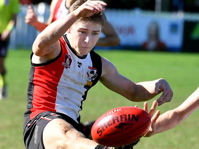 The Morningside player Finn Raymond gets a kick awayColts QAFL Australioan football match between Morningside and Mt Gravatt at Jack Esplen OvalSaturday May 28, 2022. Picture, John Gass