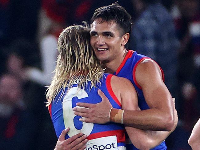 2022 AFL Football Round 19 - Western Bulldogs V Melbourne Demons at Marvel Stadium. Bailey Smith of the Bulldogs, Jamarra Ugle-Hagan of the Bulldogs celebrate on the siren. Picture: Mark Stewart