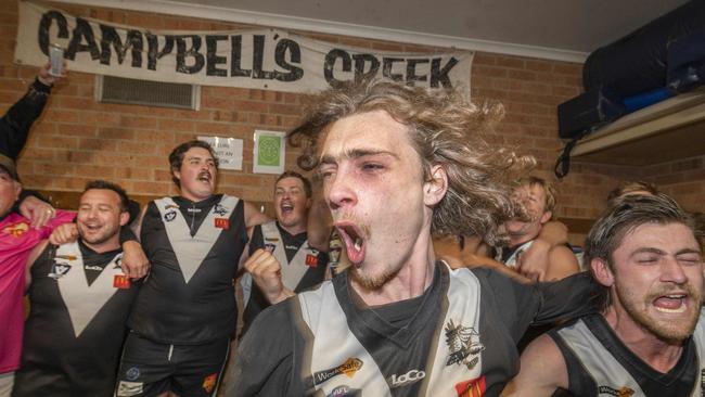 Myles Whitney and Lachlan Hyland celebrate the Campbells Creek win. Picture: Rob Leeson.