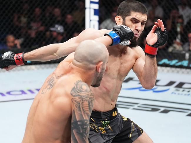 Volkanovski lands a left hand on Makhachev in their first fight in February. Picture: Getty