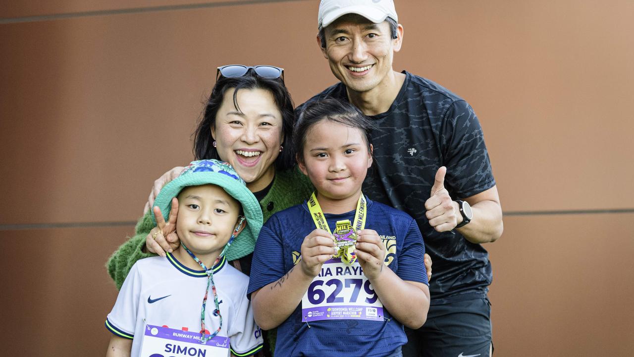 At the Toowoomba Marathon events at Wellcamp Airport are (from left) Simon An, Celia Kim, Kaia Rayhan and Leo An, Saturday, May 3, 2025. Picture: Kevin Farmer