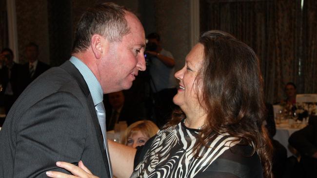 Senator Barnaby Joyce with Gina Rinehart at a business function in Brisbane. Picture: Sam Mooy