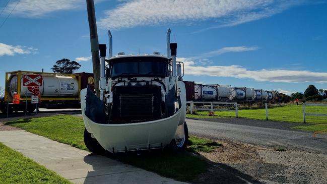 A semitruck and trailer collided with the front of a train on Marriot St, Westbury on April 29, 2024. Tas Rail conducting investigations on Tuesday. Picture: Elise Kaine