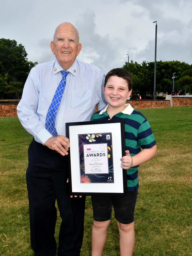 Australia Day at Jezzine Barracks, Townsville. Townsville City Council Australia Day Awards. Senior Citizen of the Year Edmund (Ted) Mildren with great-grandson Noah Dee, 9. Picture: Evan Morgan