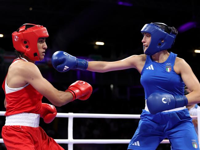 Khelif dodges a punch from Angela Carini of Italy. Picture: Getty Images