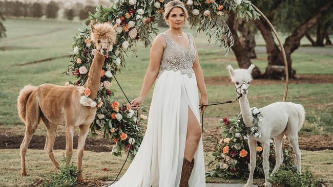 Model Emma, with the alpacas from Alpaca Kisses being hired out for weddings. Pictures: Puzzleman Productions