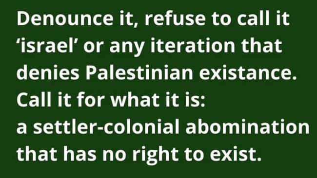 Statement on the Facebook page of Tasmanian Palestine Advocacy Network that questions Israel's right to exist. Photo: TPAN / Supplied