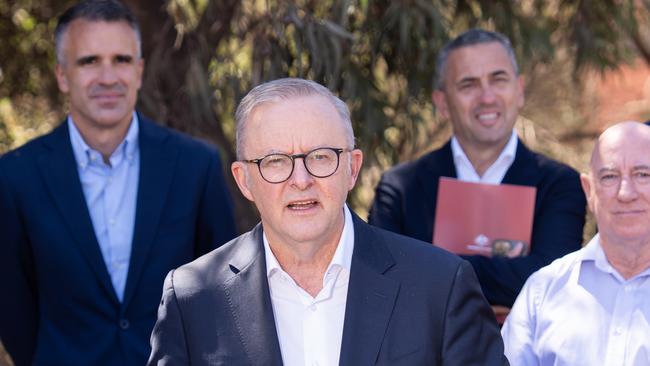 Prime Minister Anthony Albanese at a Whyalla steelworks press conference on Thursday. Picture: NewsWire / Tim Joy