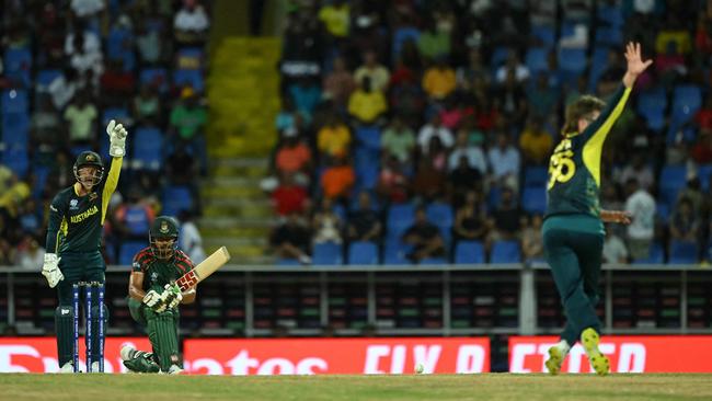 Adam Zampa successfully appeals for the leg before wicket dismissing Bangladesh's captain Najmul Hossain Shanto. Picture: Andrew Caballero-Reynolds / AFP
