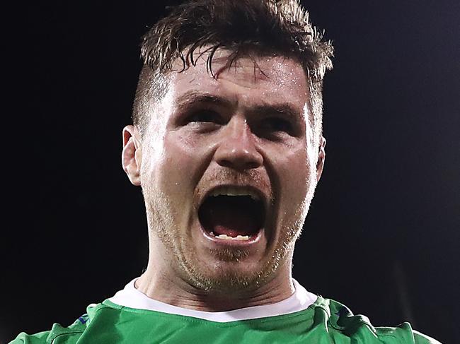 CANBERRA, AUSTRALIA - SEPTEMBER 27: John Bateman of the Raiders celebrates victory in the NRL Preliminary Final match between the Canberra Raiders and the South Sydney Rabbitohs at GIO Stadium on September 27, 2019 in Canberra, Australia. (Photo by Mark Metcalfe/Getty Images)