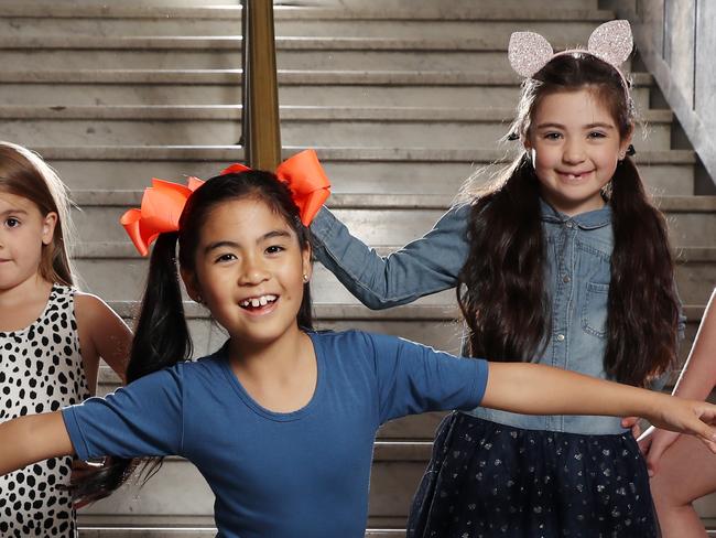 Kids fashion week kicks off Thursday night at the Malvern Town hall, with [left to right] Kristo, 8, [wearing Mini Raxevsky], Isabella, 4, (ch 10 Offspring - plays Asher Keddies daughter ) [wearing Chi Khi Maddison],  Arielle, 8, [wearing Chooze Shoes Australia], Englezakis, 7, [ wearing Target] and Elissa, 10,  [wearing Mini Raxevsky].  Picture: Alex Coppel.