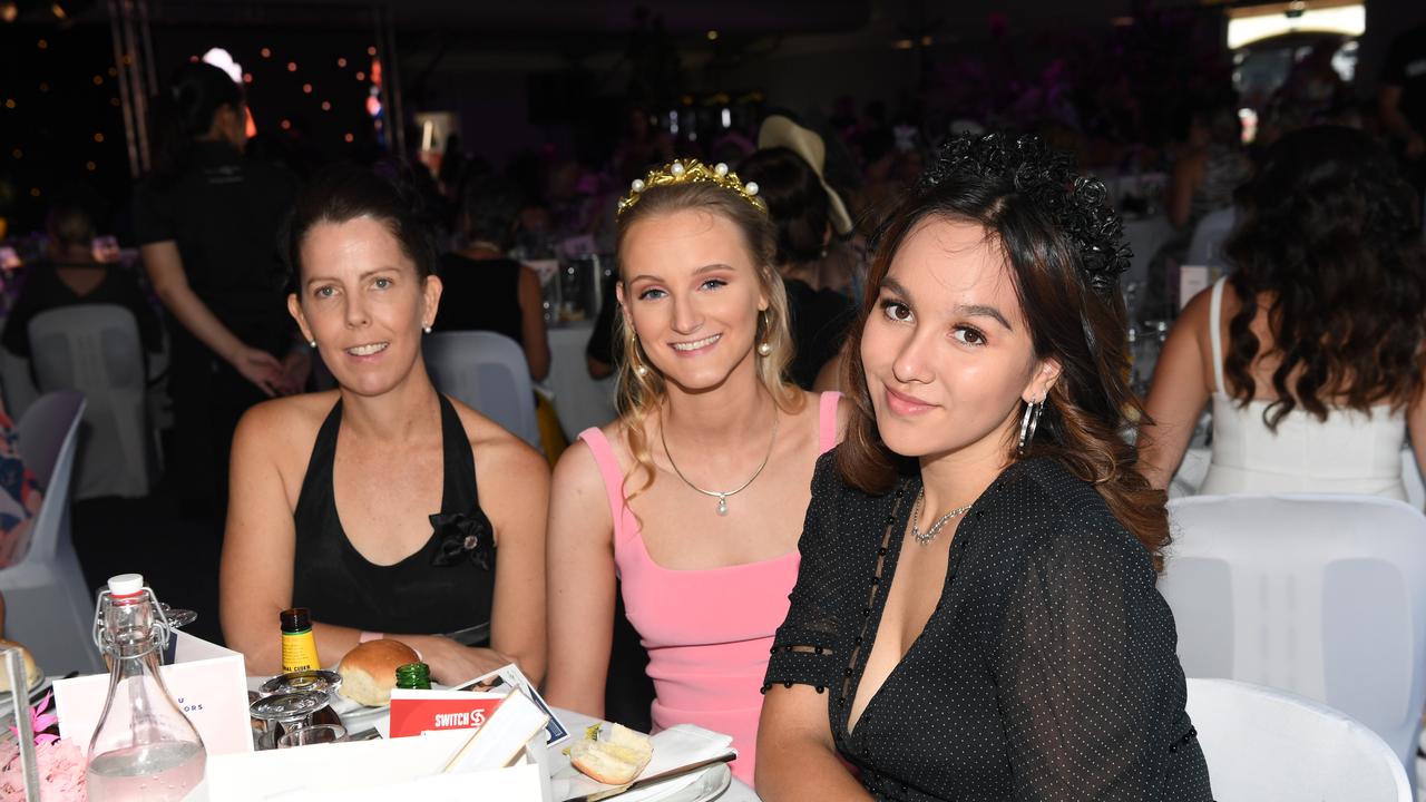 Nicolle Jessop, Zahli Gibsone and Emily Renshaw at the Darwin Turf Club Bridge Toyota Ladies' Day / Derby Day. Picture: KATRINA BRIDGEFORD