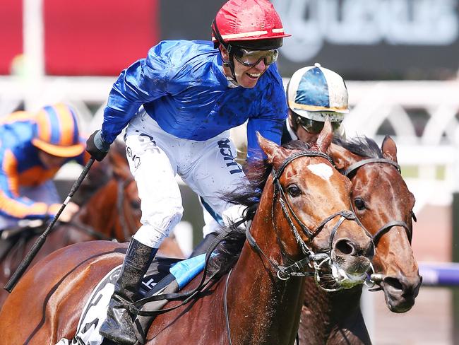 MELBOURNE, AUSTRALIA - NOVEMBER 06:  Jockey Kerrin McEvoy riding Cross Counter wins race 7 the Lexus Melbourne Cup during Melbourne Cup Day at Flemington Racecourse on November 6, 2018 in Melbourne, Australia.  (Photo by Michael Dodge/Getty Images)