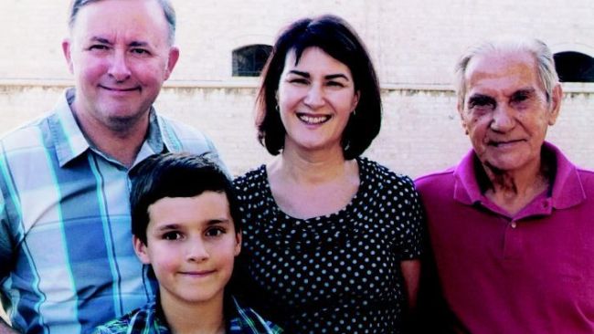: Anthony Albanese (left) with his wife Carmel Tebbutt (centre), father Carlo (right) and son Nathan (front) in Italy 2011