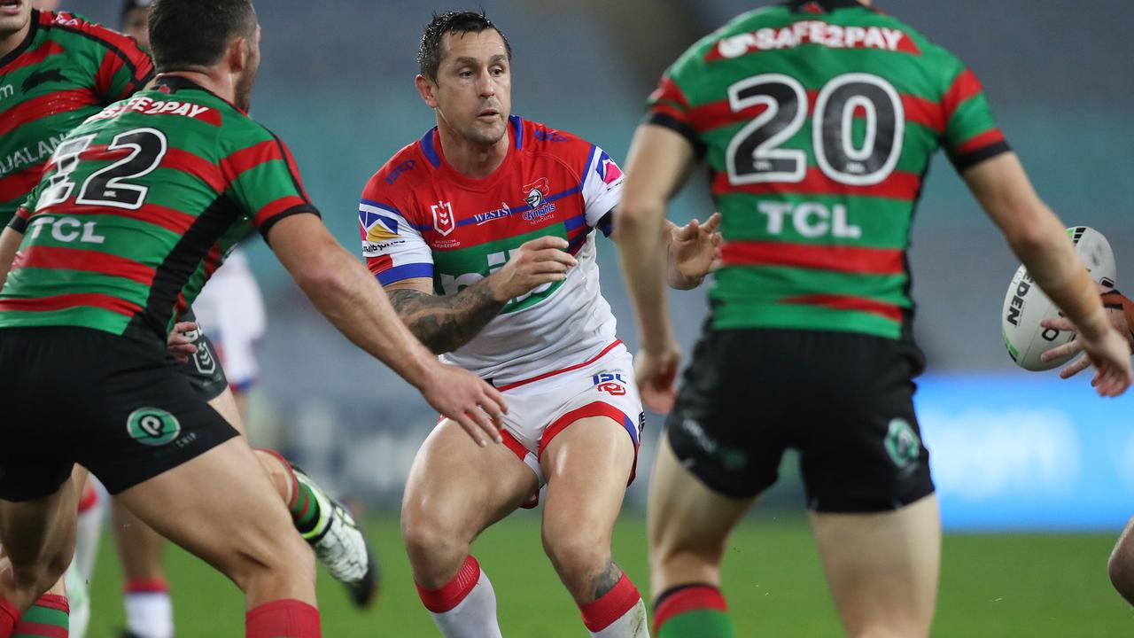 Newcastle's Mitchell Pearce during the South Sydney v Newcastle Knights NRL match at ANZ Stadium, Homebush. Picture: Brett Costello