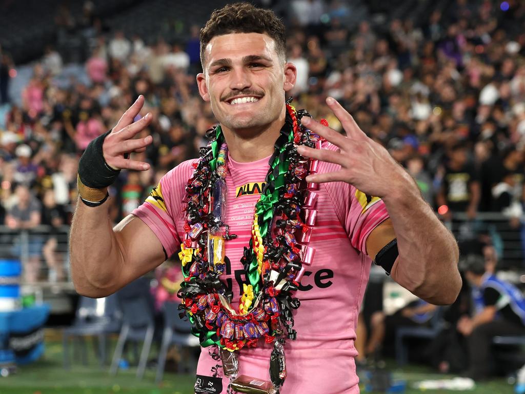 SYDNEY, AUSTRALIA - OCTOBER 06: Nathan Cleary of the Panthers celebrate after winning the 2024 NRL Grand Final match between the Melbourne Storm and the Penrith Panthers at Accor Stadium on October 06, 2024, in Sydney, Australia. (Photo by Cameron Spencer/Getty Images)