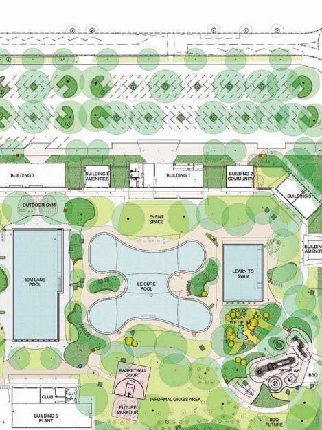 The image shows an artist impression of the site layout for the new Casuarina Aquatic and Leisure Centre. Picture: Supplied.