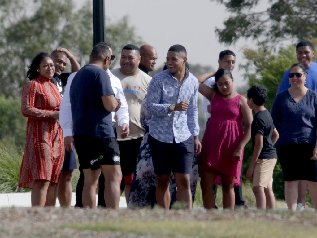 NRL player Manase Fainu greets family and friends after getting bail from Parklea Correctional Centre in 2019.