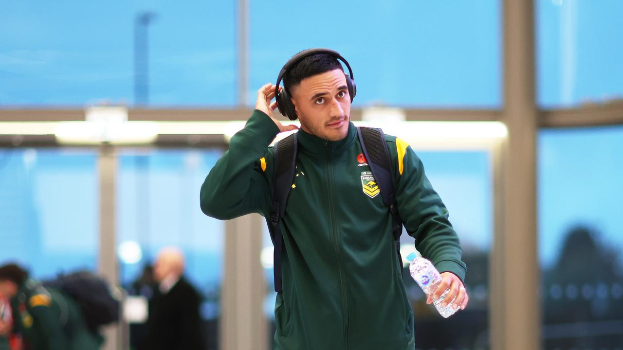 COVENTRY, ENGLAND - OCTOBER 21: Valentine Holmes of Australia arrives ahead of the Rugby League World Cup 2021 Pool B match between Australia and Scotland at The Coventry Building Society Arena on October 21, 2022 in Coventry, England. (Photo by Naomi Baker/Getty Images)