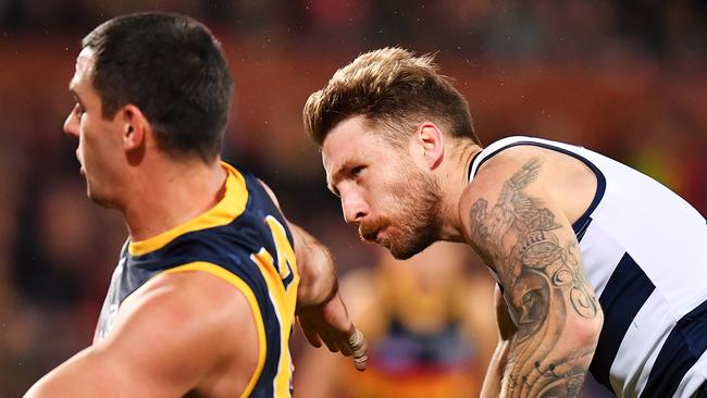 Taylor Walker of the Crows bumps Zach Tuohy of the Cats. Picture: Daniel Kalisz/Getty Images