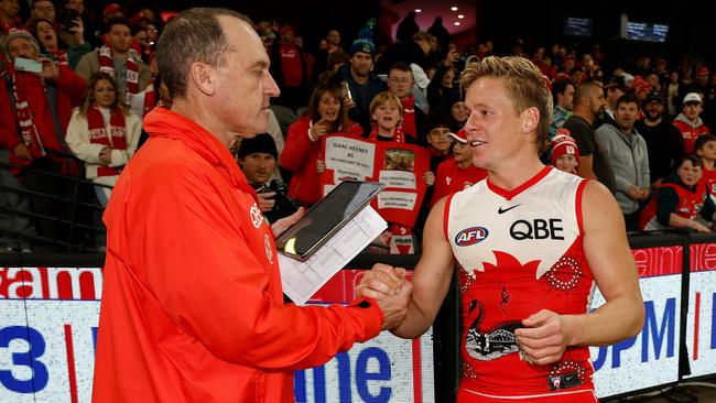 Longmire thought the Swans midfield including stars Warner and Isaac Heeney (pictured) were below their best early in the game against the Bulldogs, but was pleased they lifted in the second half. Picture: Michael Willson / Getty Images