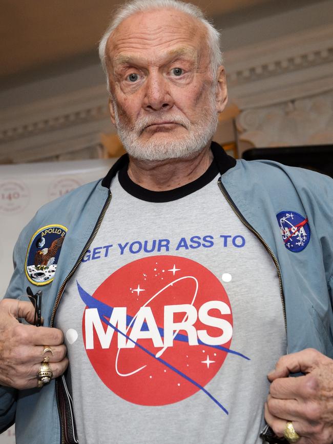 Buzz Aldrin promotes Mars exploration during a visit to Geneva. Picture: AFP