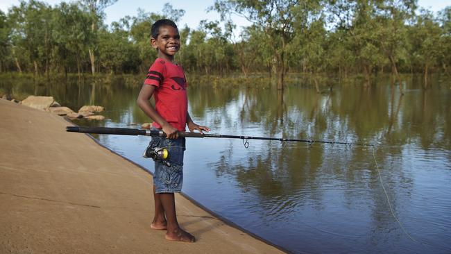 Ronald Cooper Jr, 6, fishes at Daly River. Picture: Keri Megelus