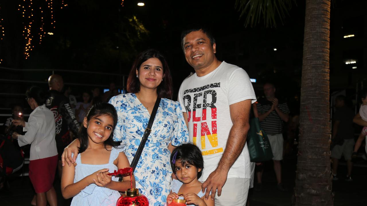 Eti Sarkar, Suchandan Sikder Yanti Sikder and Yashi Sikder celebrate the last night of Chinese New Year festivities in Cairns. Picture: Kate Stephenson