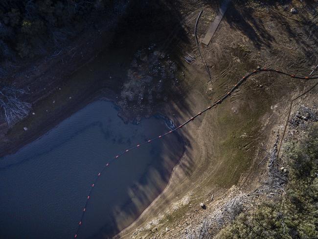 An aerial picture of the Timor dam, which supplies the town of Coonabrabran and is at 23 per cent capacity. Picture: Getty