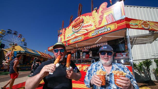 Dwane McLeod with his dad Frank enjoying the third and final day of the Royal Darwin Show. Picture: Glenn Campbell