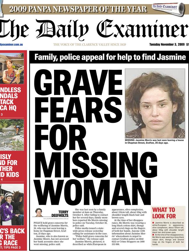 Missing woman Jasmine Morris on the front page of The Daily Examiner (Nov 3, 2009)