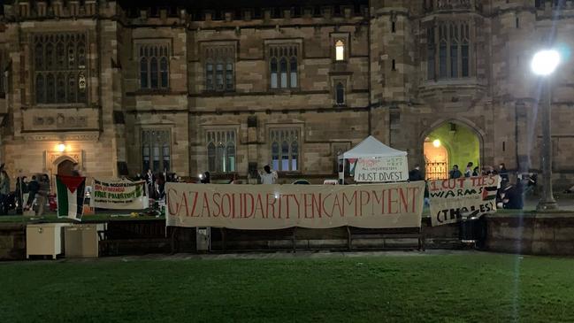 A banner stating ‘Gaza solidarity encampment’ was unfurled on campus.