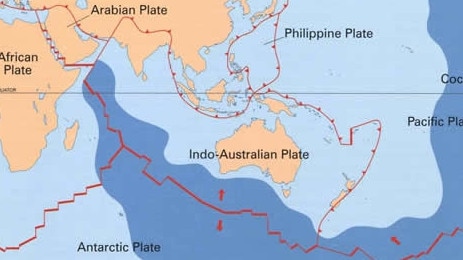 Tectonic plates map. Earthquakes are common along the red lines that are the plate boundaries. Picture: Geoscience Australia