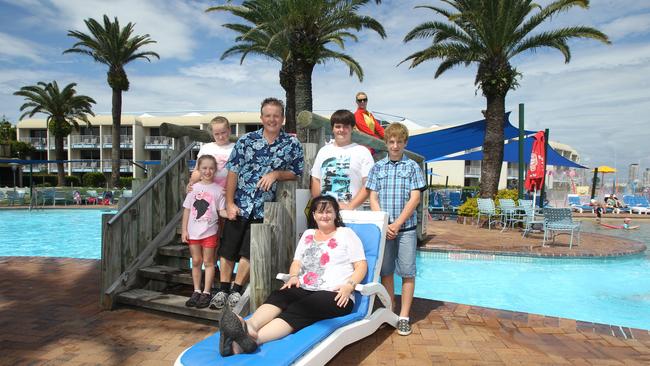 Joanne Brackenbury, her husband Stephen and four kids Dylan, Riley, Montana and Alyssa at Sea World Nara Resort.