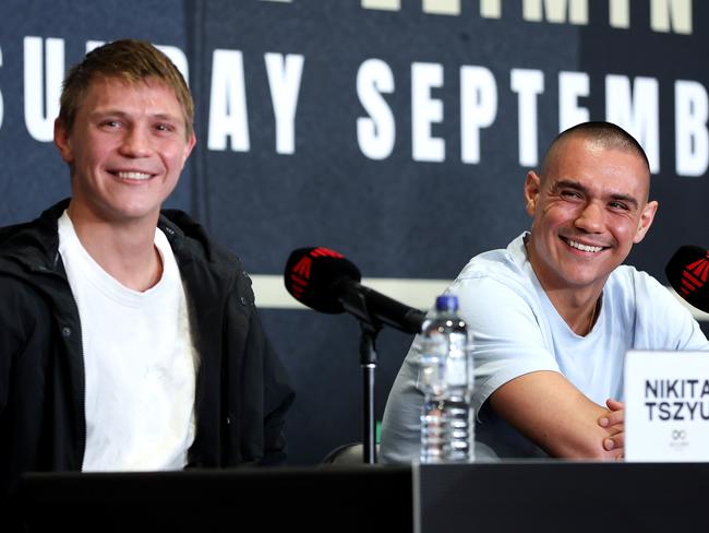 SYDNEY, AUSTRALIA - JULY 18: Tim Tszyu and Nikita Tszyu share a joke during a Tim Tszyu Fight Announcement at Tszyu Fight Club on July 18, 2024 in Sydney, Australia. (Photo by Brendon Thorne/Getty Images)