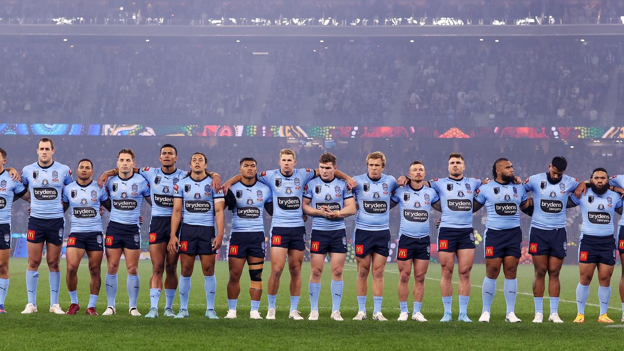 PERTH, AUSTRALIA - JUNE 26: The Blues line up for the national anthem during game two of the State of Origin series between New South Wales Blues and Queensland Maroons at Optus Stadium, on June 26, 2022, in Perth, Australia. (Photo by Mark Kolbe/Getty Images)