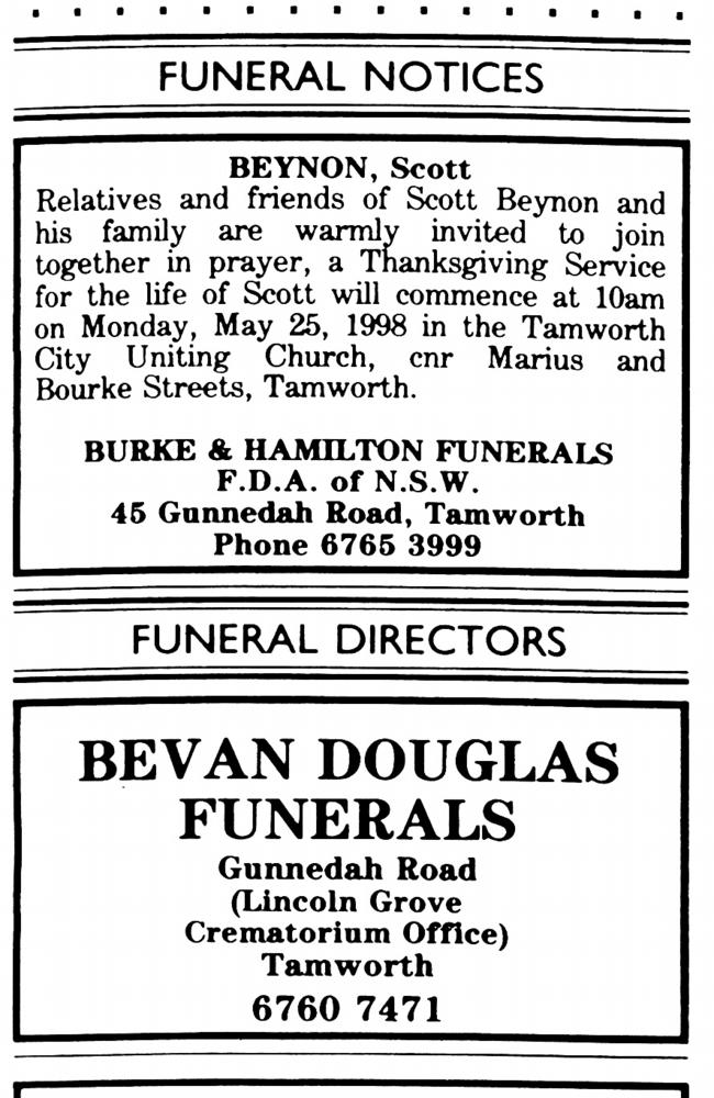 The funeral notice placed in Tamworth's Northern Daily Leader for Scott Beynon, who faked his death by supposedly drowning. 