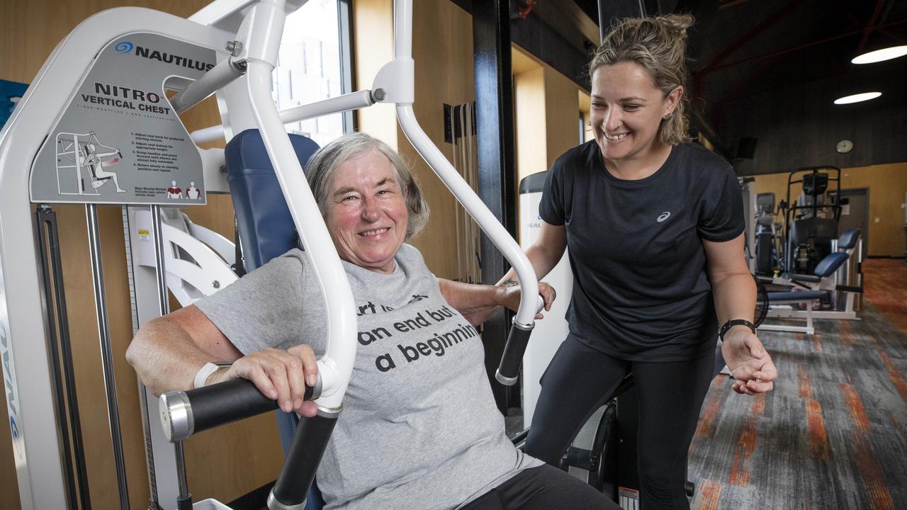 Gabby Hills works out with her personal trainer Morgan North at All Aerobics Fitness, Hobart. Picture: Chris Kidd