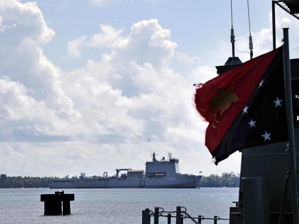 HMAS Choules pictured at the Manus Island Lombrum Naval Base, Paupa New Guinea. The US and Australia are planning a joint military facility there to stave-off Beijing’s interest. Picture: Defence Australia 