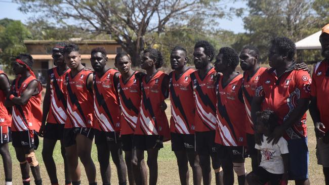 Players in action during the Tiwi Island Football League grand final between Tuyu Buffaloes and Pumarali Thunder. Picture: Max Hatzoglou